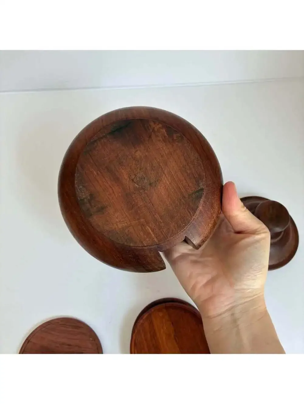 Vintage Wooden Coaster Set 5 Drink Coasters Lidded Storage Holder Hand Turned